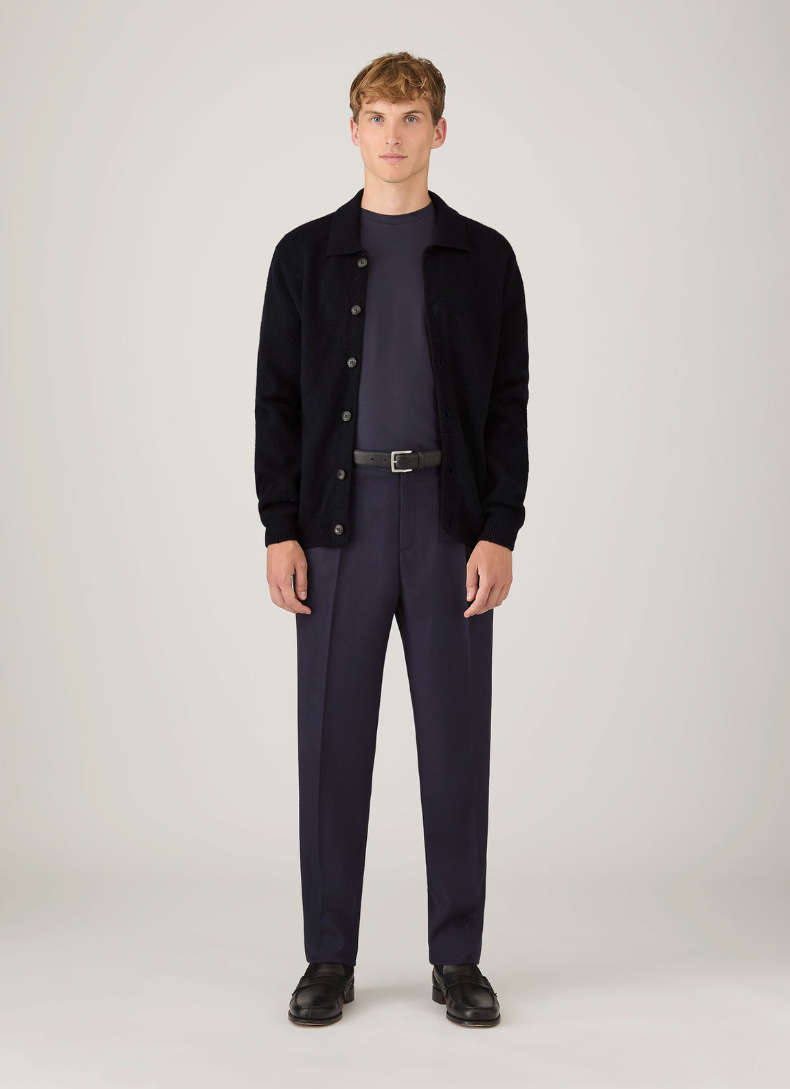 Men's Lambswool Cardigan in Dark Navy Mouline