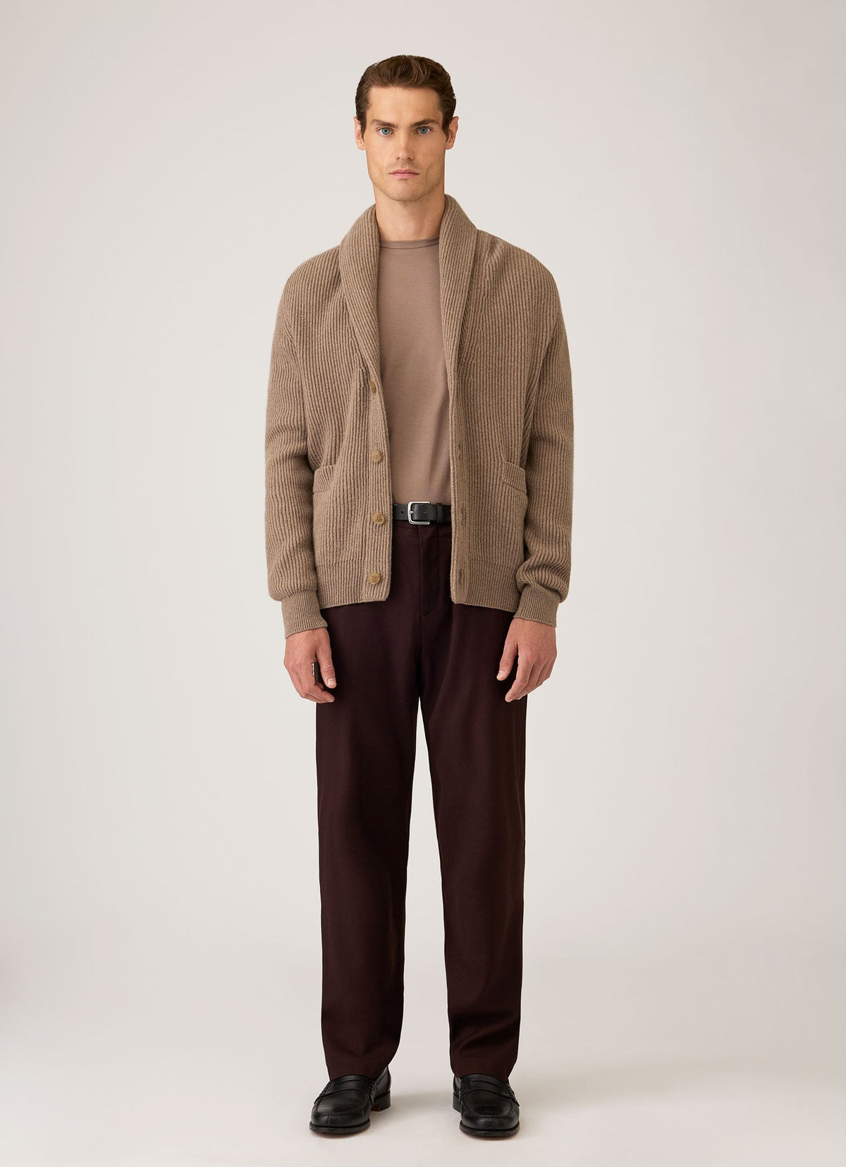 Men's Lambswool Cashmere Shawl Cardigan in Taupe