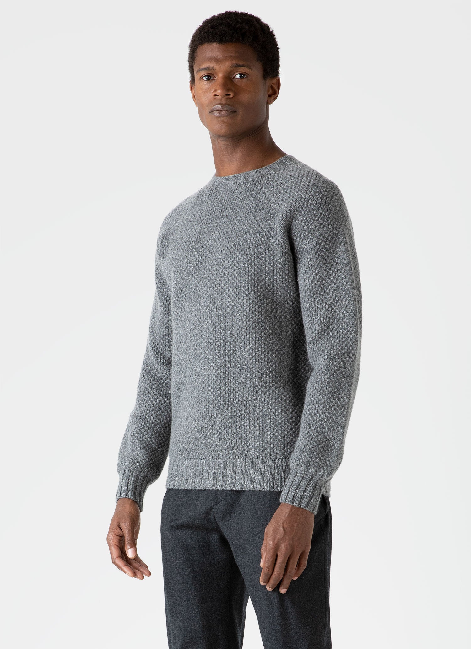 Men's Lambswool Textured Jumper in Mid Grey Twist