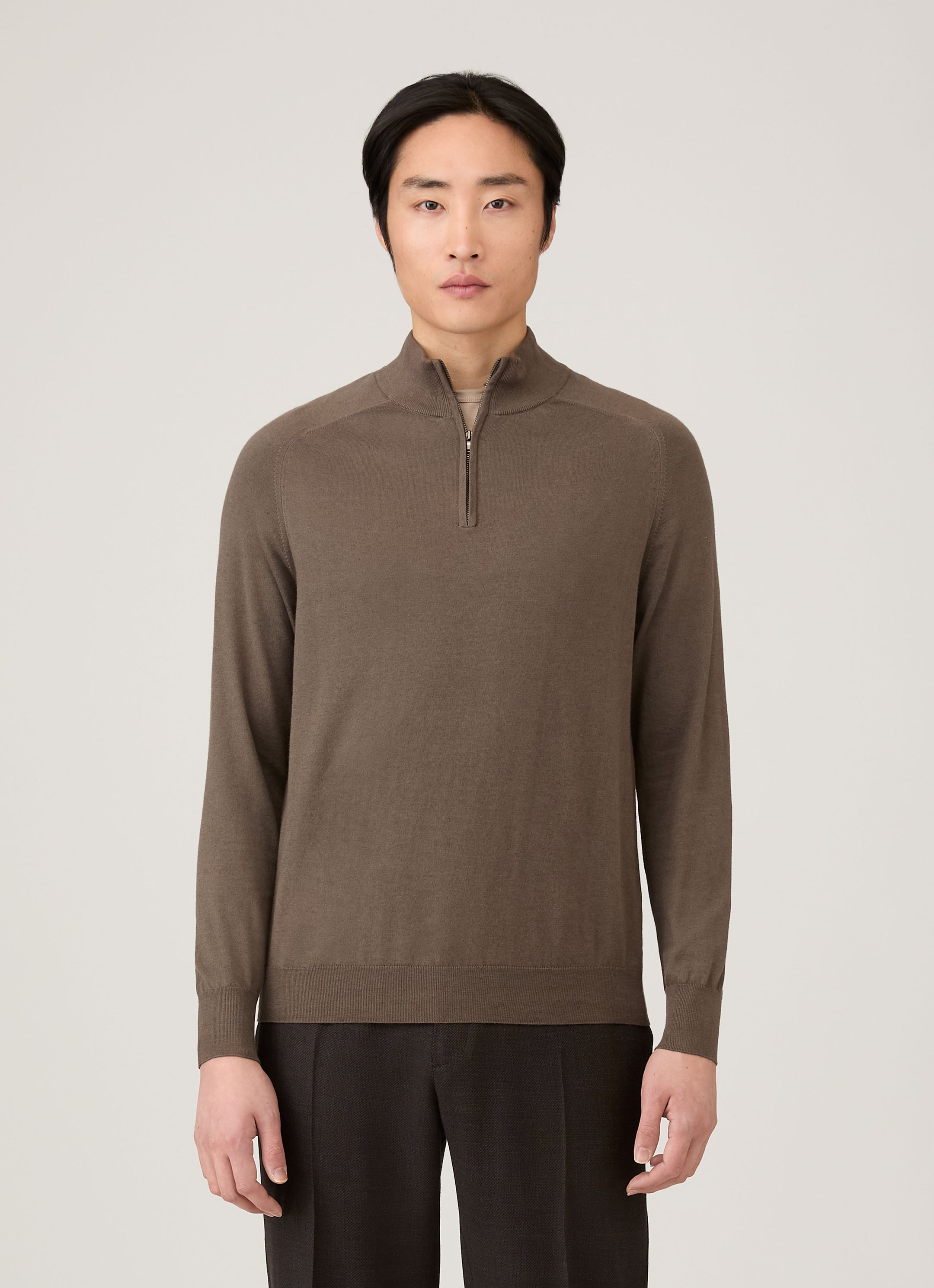 Men's Sea Island Cashmere Half Zip in Bark