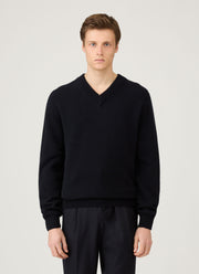 Men's Lambswool V-neck Jumper in Dark Navy Mouline