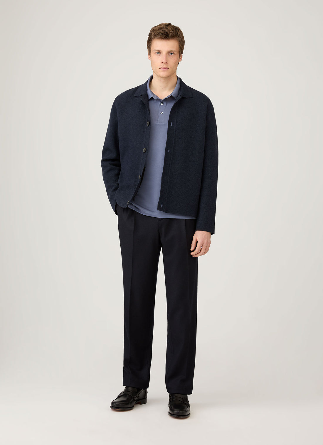 Men's Long Sleeve Classic Jersey Polo Shirt in Selvedge Blue