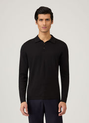 Men's Long Sleeve Sea Island Cotton Knit Polo Shirt in Black