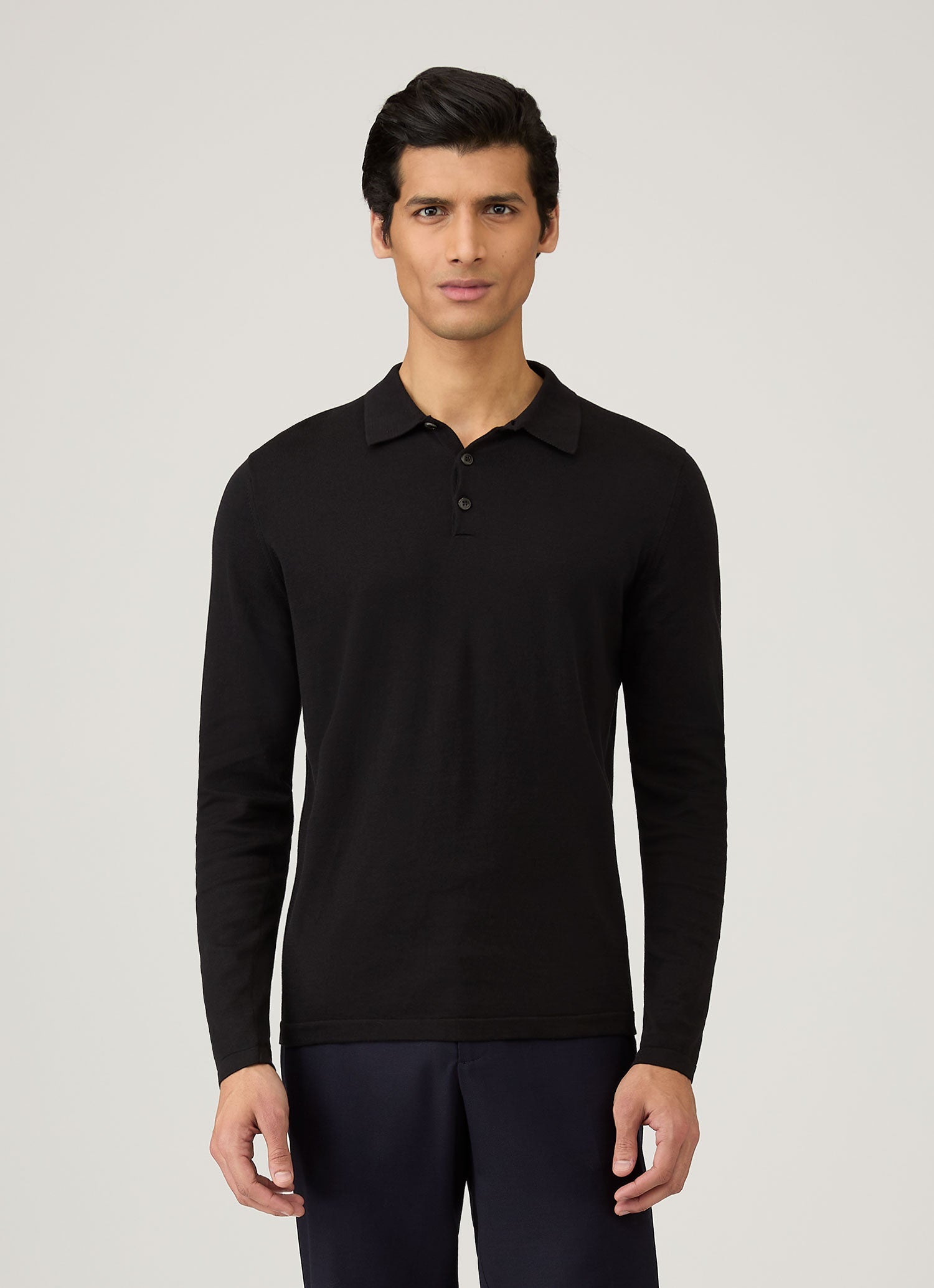 Men's Long Sleeve Sea Island Cotton Knit Polo Shirt in Black