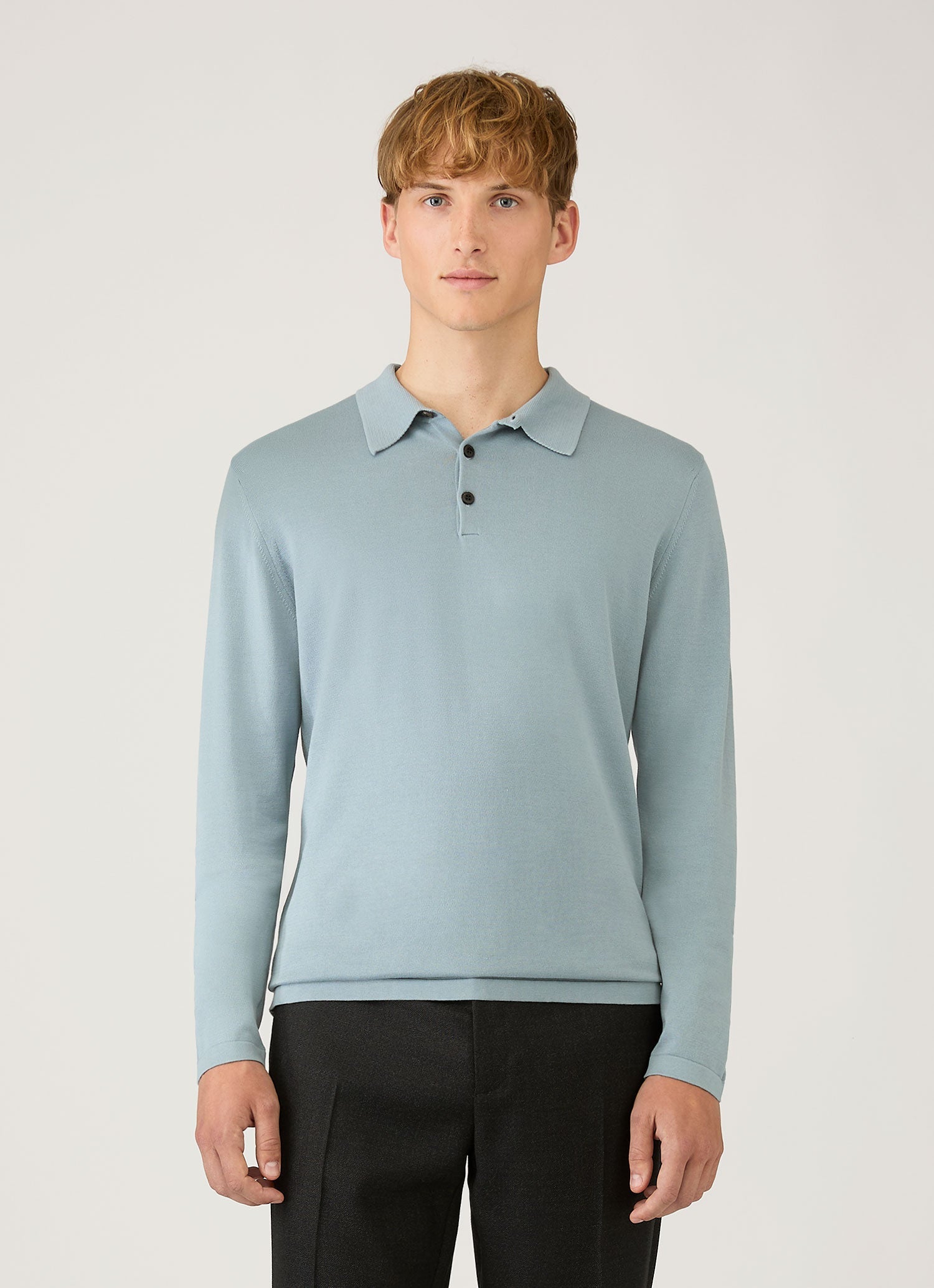 Men's Long Sleeve Sea Island Cotton Knit Polo Shirt in Stone Blue