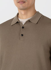 Men's Long Sleeve Sea Island Cotton Knit Polo Shirt in Dark Stone