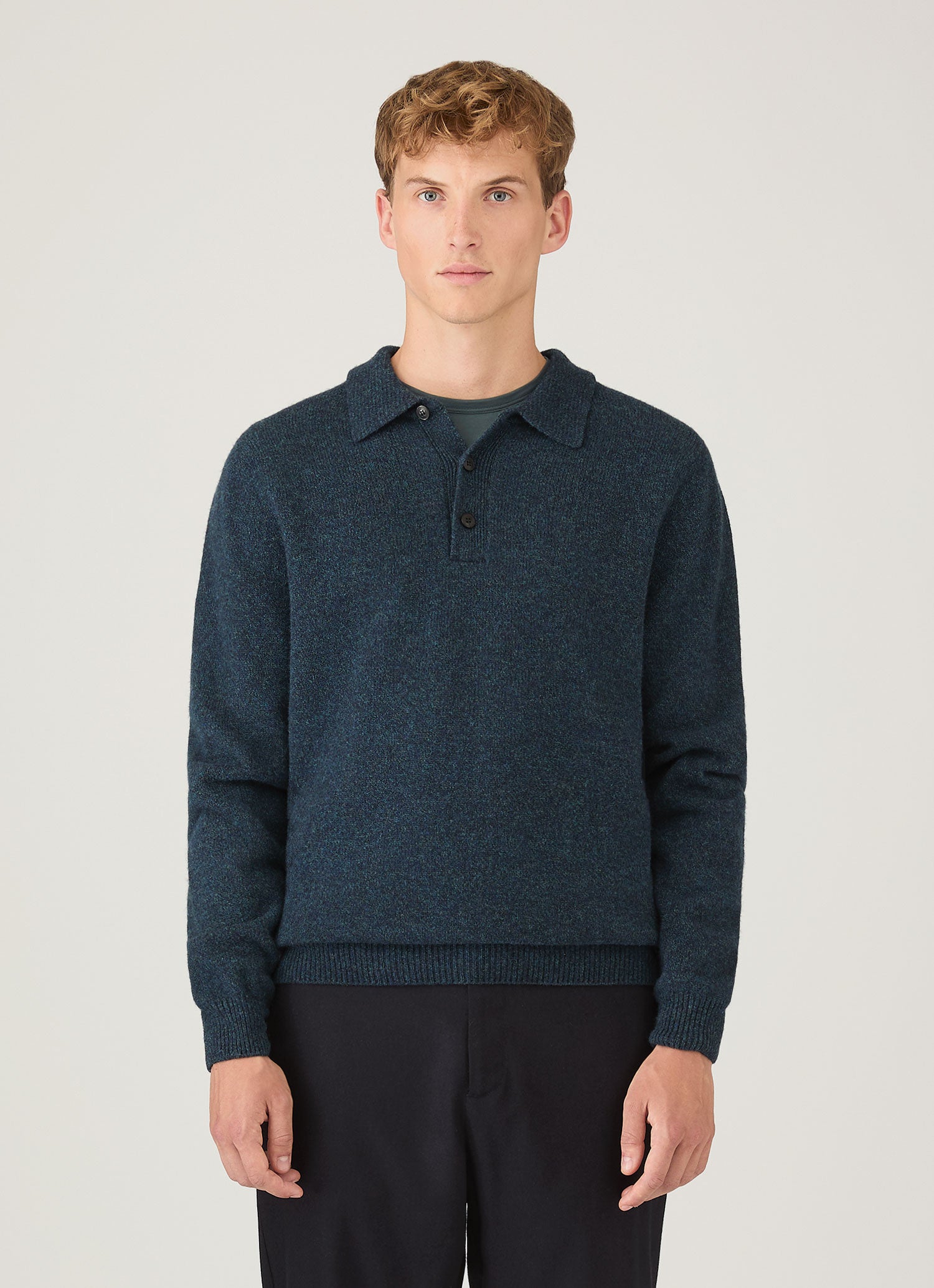Men's Lambswool Knitted Polo Shirt in Dark Petrol Twist