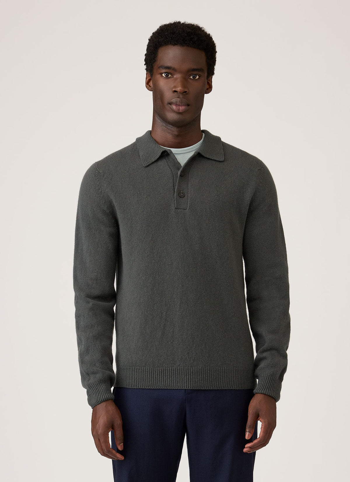Men's Lambswool Knitted Polo Shirt in Slate Green
