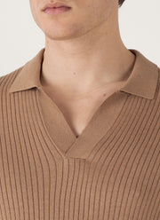 Men's Fine Rib Silk Cotton Polo Shirt in Dune