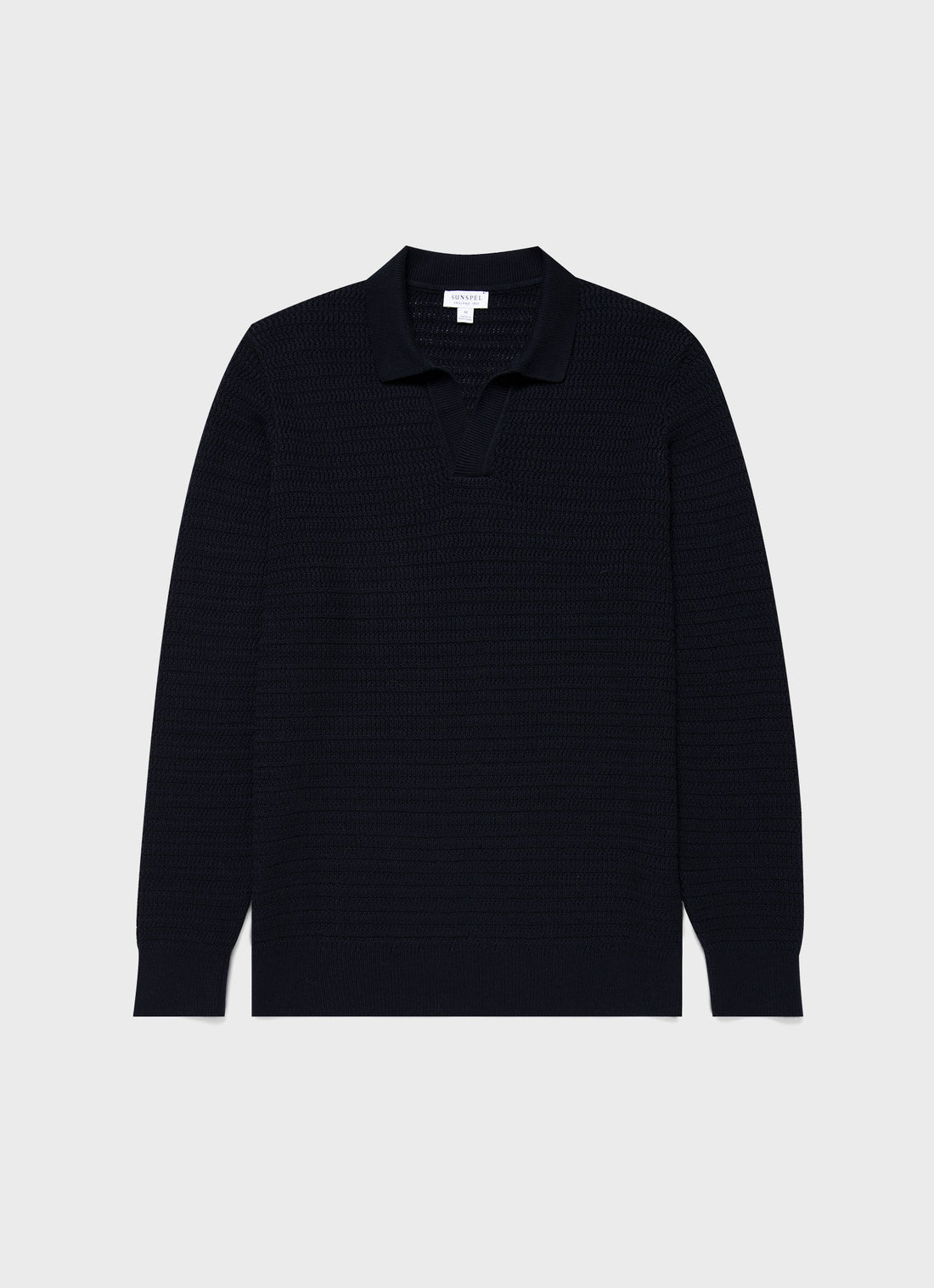 Men's Long Sleeve Textured Cotton Polo Shirt in Navy
