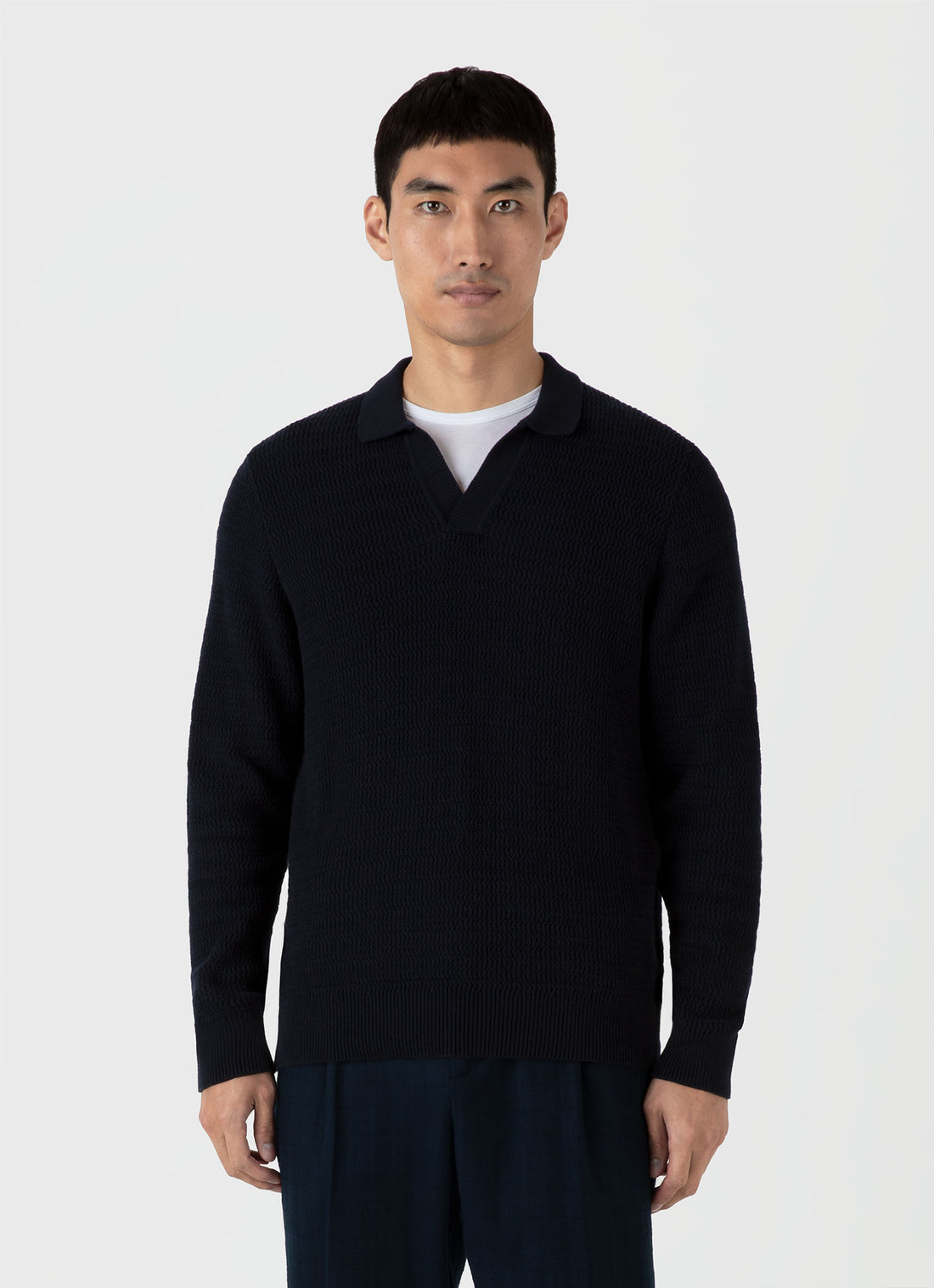 Men's Long Sleeve Textured Cotton Polo Shirt in Navy