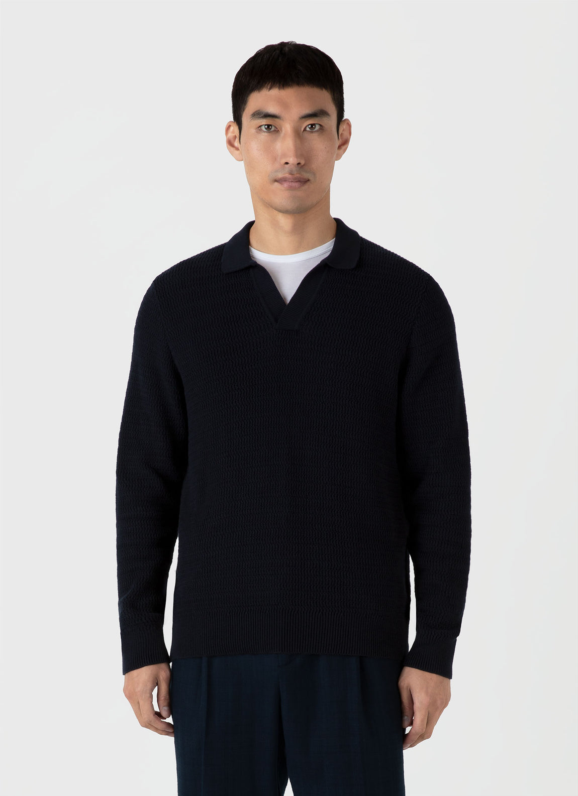 Men's Long Sleeve Textured Cotton Polo Shirt in Navy