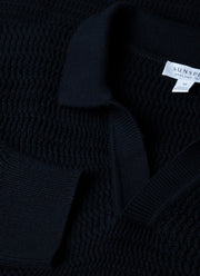 Men's Long Sleeve Textured Cotton Polo Shirt in Navy