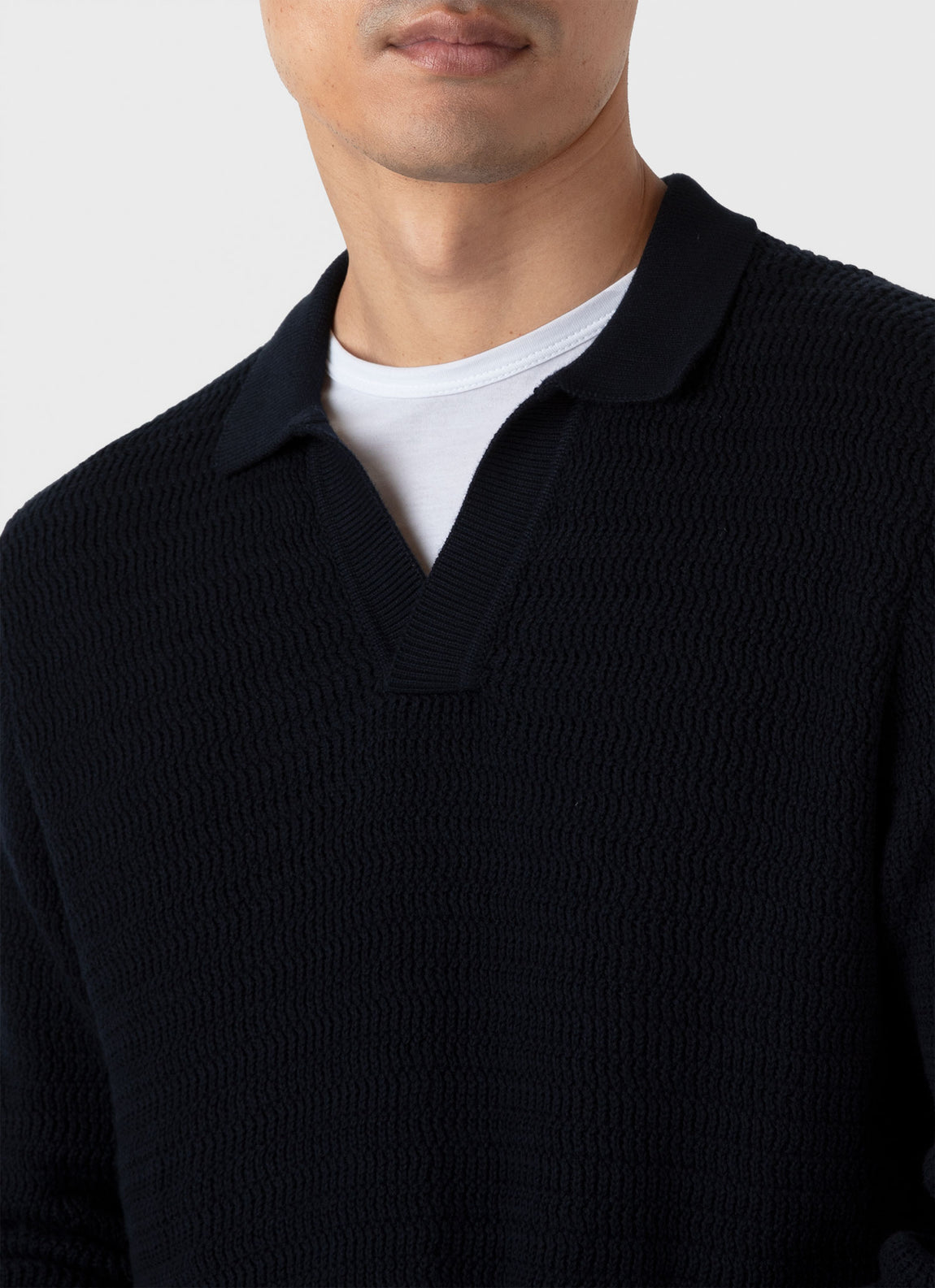 Men's Long Sleeve Textured Cotton Polo Shirt in Navy