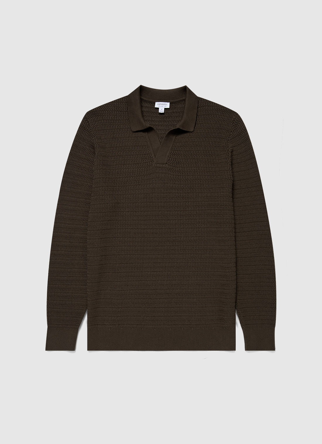 Men's Long Sleeve Textured Cotton Polo Shirt in Khaki