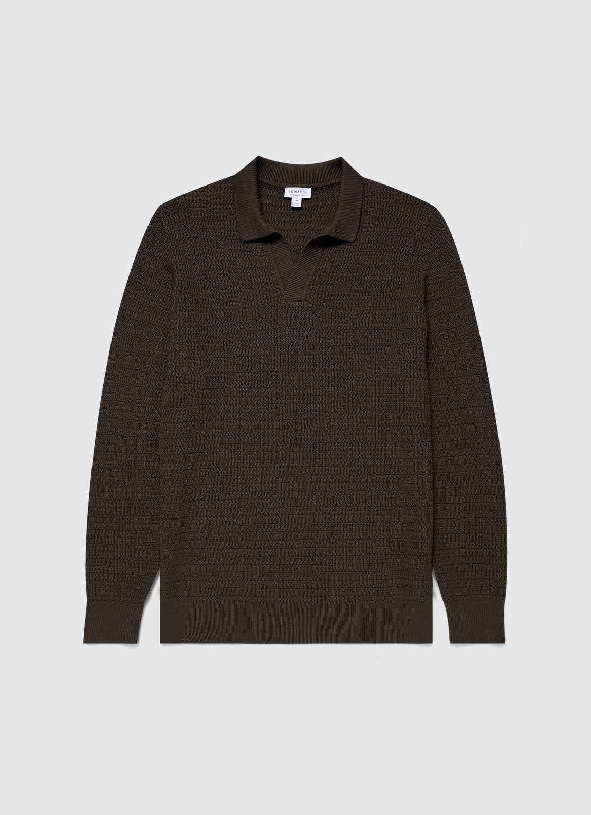 Men's Long Sleeve Textured Cotton Polo Shirt in Khaki