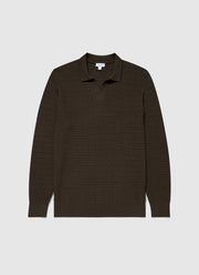 Men's Long Sleeve Textured Cotton Polo Shirt in Khaki