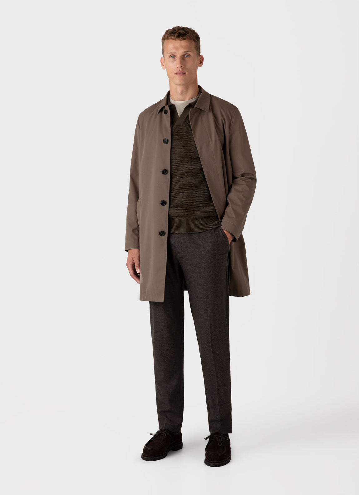 Men's Long Sleeve Textured Cotton Polo Shirt in Khaki
