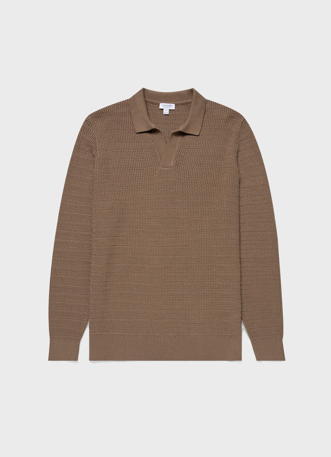 Men's Long Sleeve Textured Cotton Polo Shirt in Dark Stone