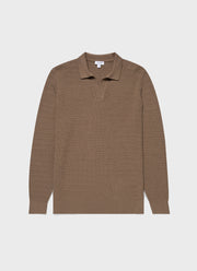 Men's Long Sleeve Textured Cotton Polo Shirt in Dark Stone