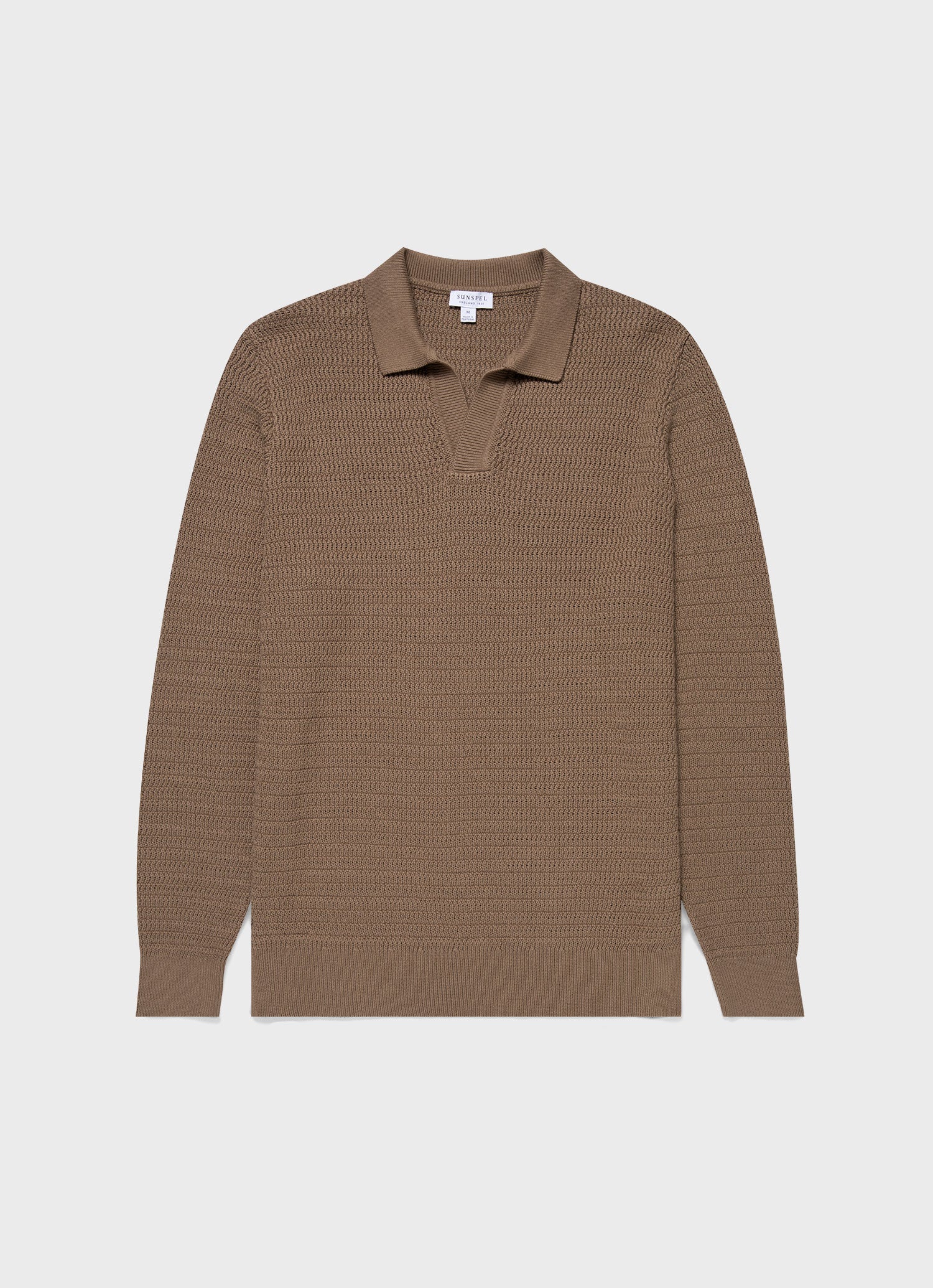 Men's Long Sleeve Textured Cotton Polo Shirt in Dark Stone