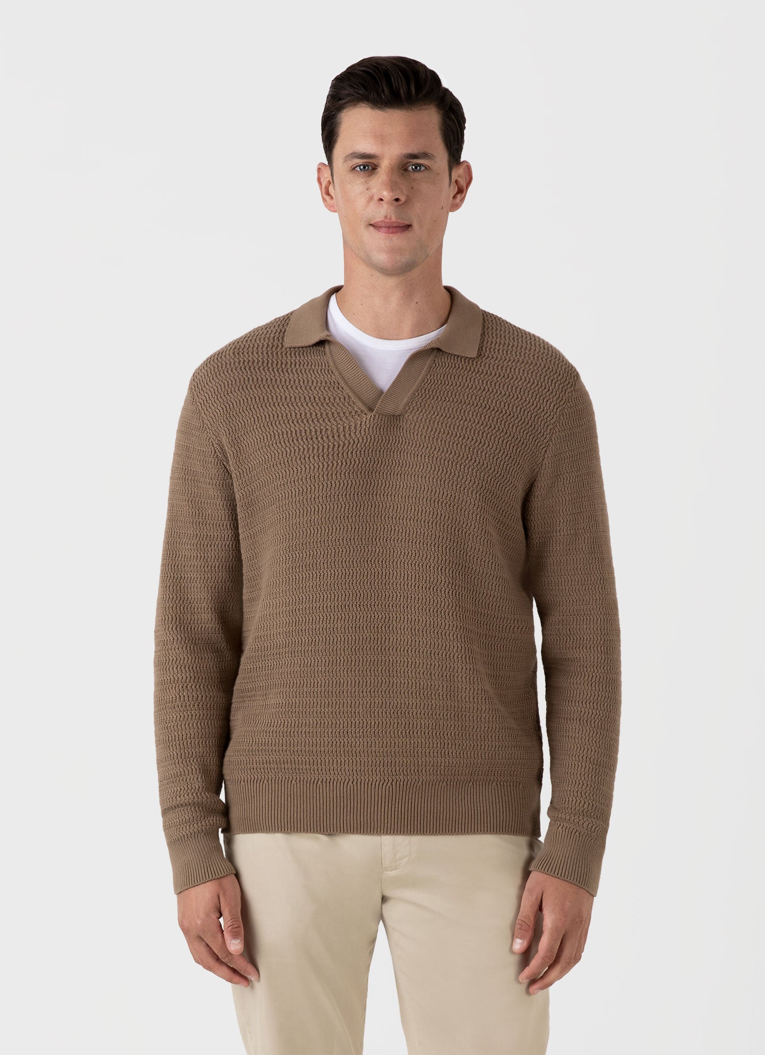 Men's Long Sleeve Textured Cotton Polo Shirt in Dark Stone