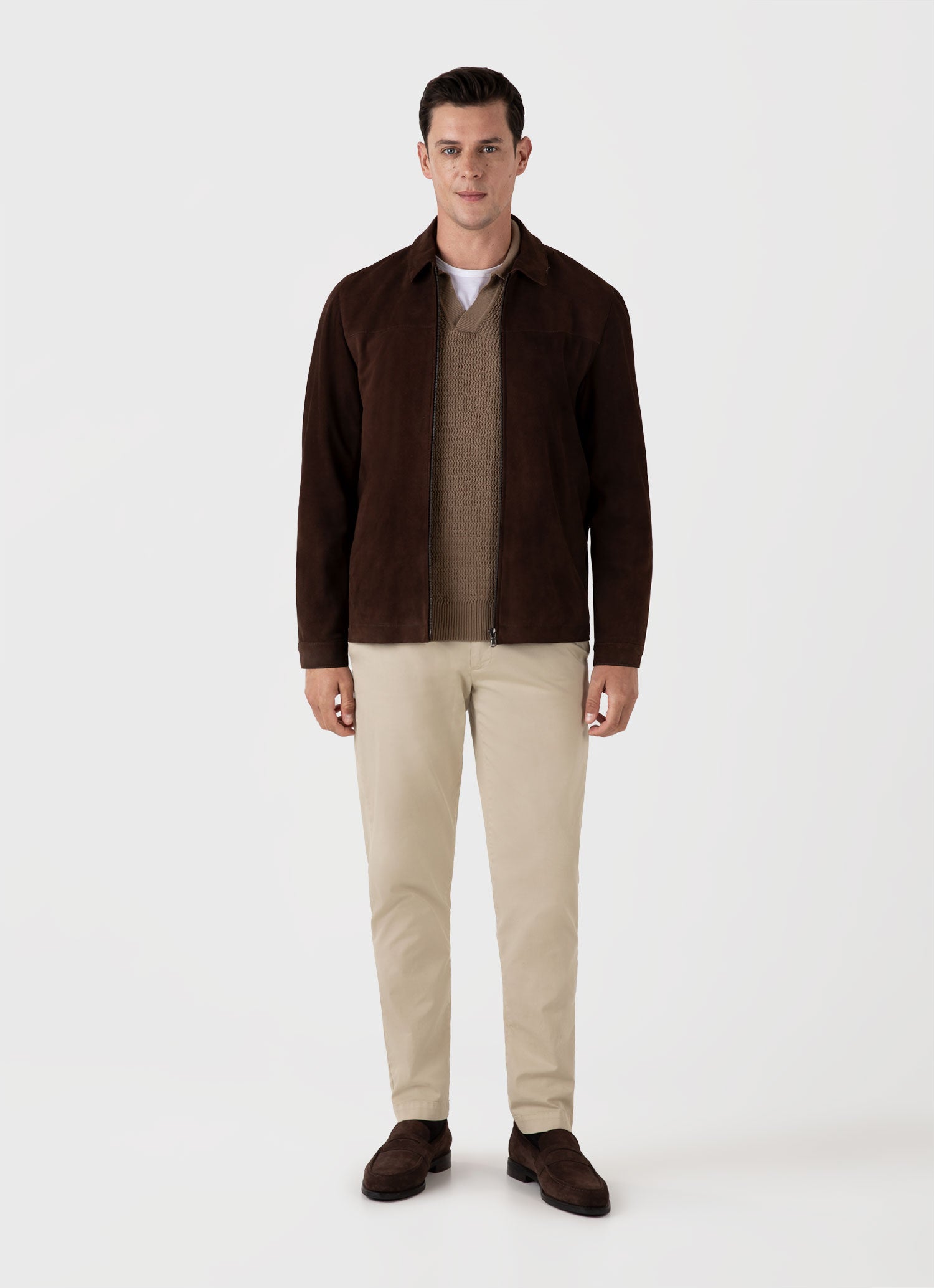 Men's Long Sleeve Textured Cotton Polo Shirt in Dark Stone