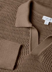 Men's Long Sleeve Textured Cotton Polo Shirt in Dark Stone