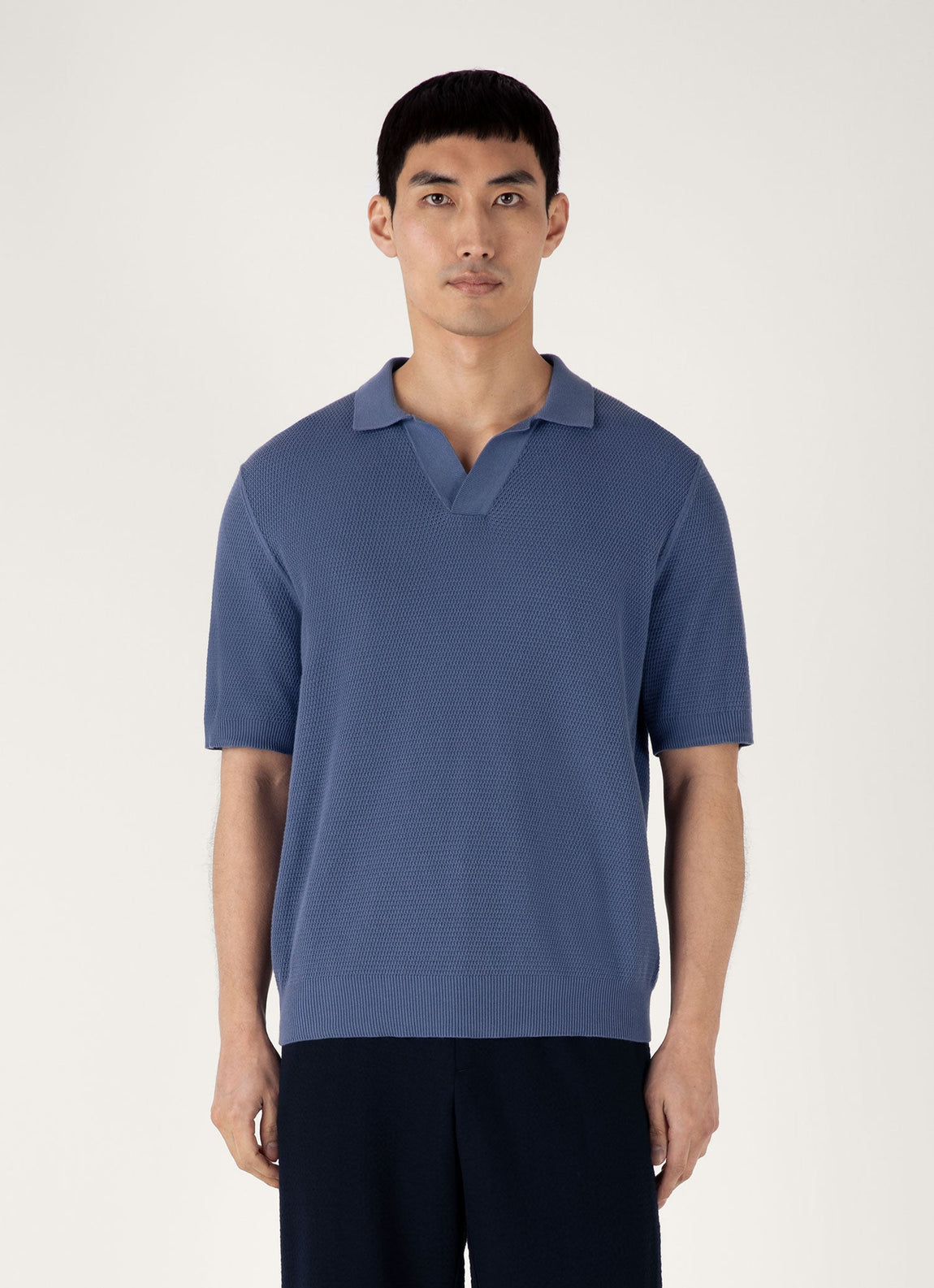 Men's Compact Mesh Knit Polo Shirt in Soft Denim