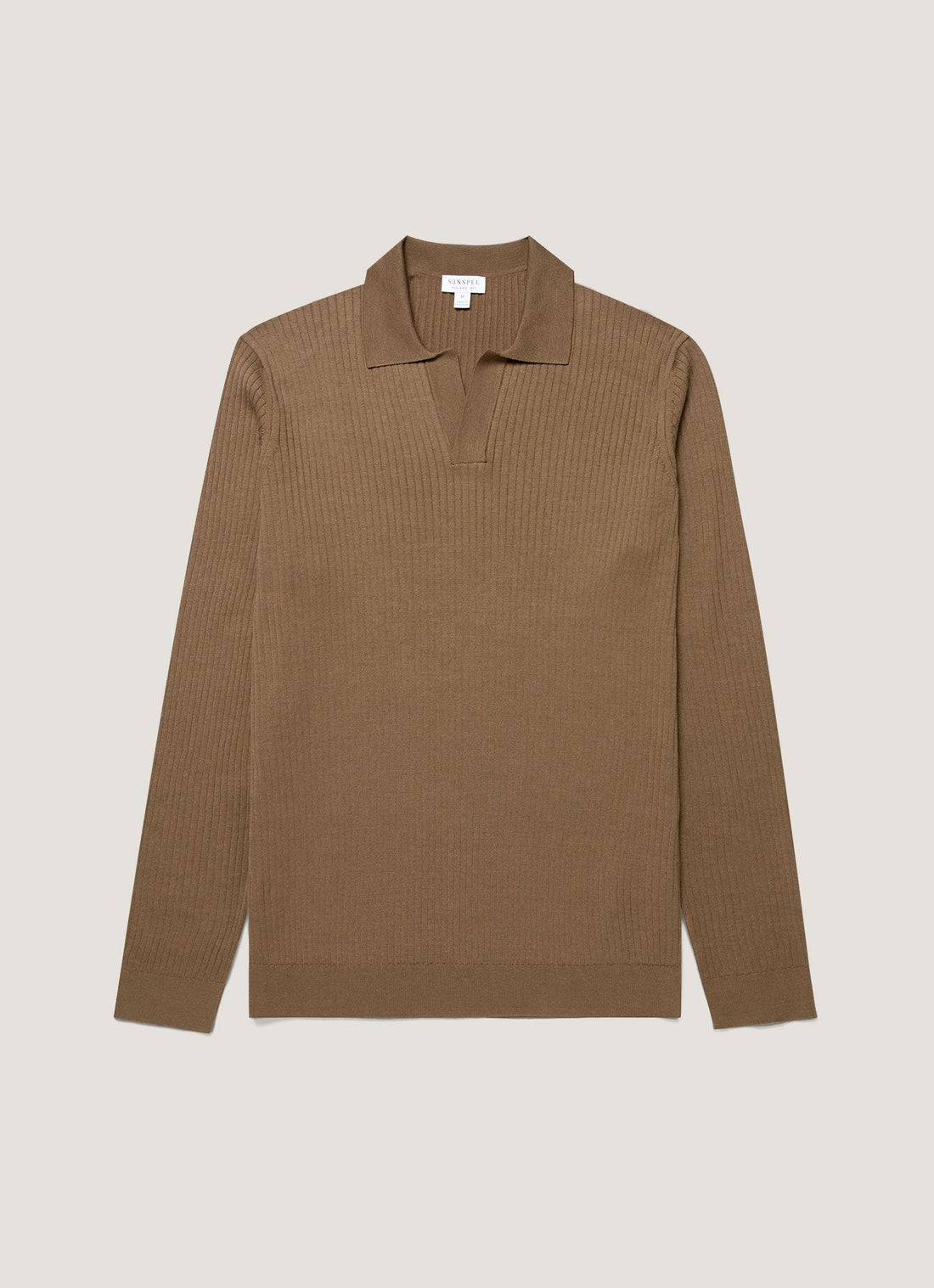 Men's Long Sleeve Fine Rib Silk Cotton Polo in Dark Cedar