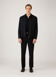 Men's Long Sleeve Fine Rib Silk Cotton Polo Shirt in Navy