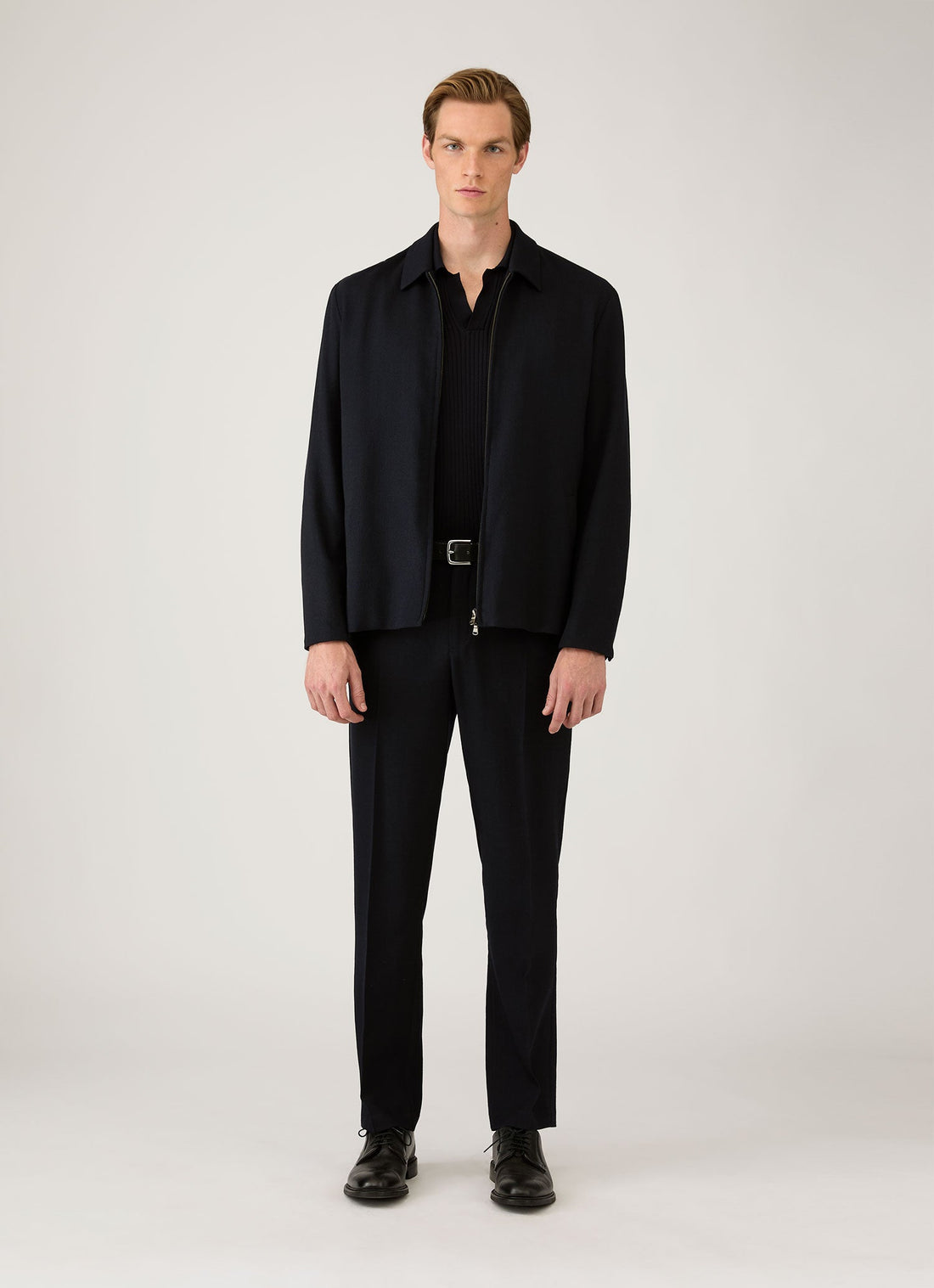 Men's Long Sleeve Fine Rib Silk Cotton Polo in Navy