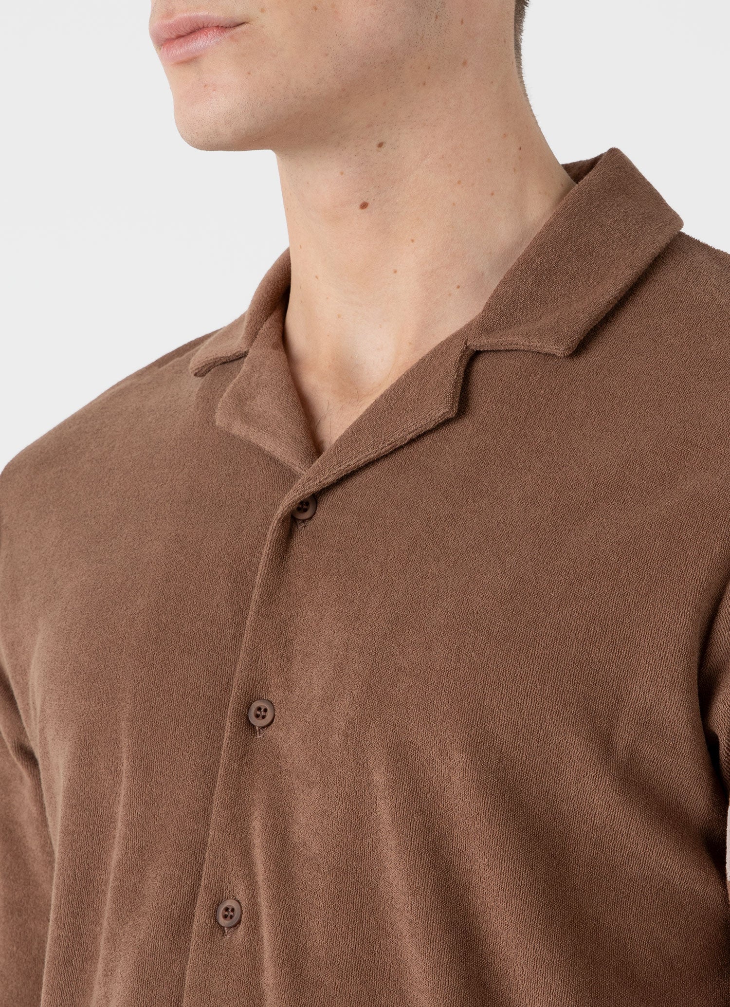Men's Towelling Camp Collar Shirt in Dark Sand
