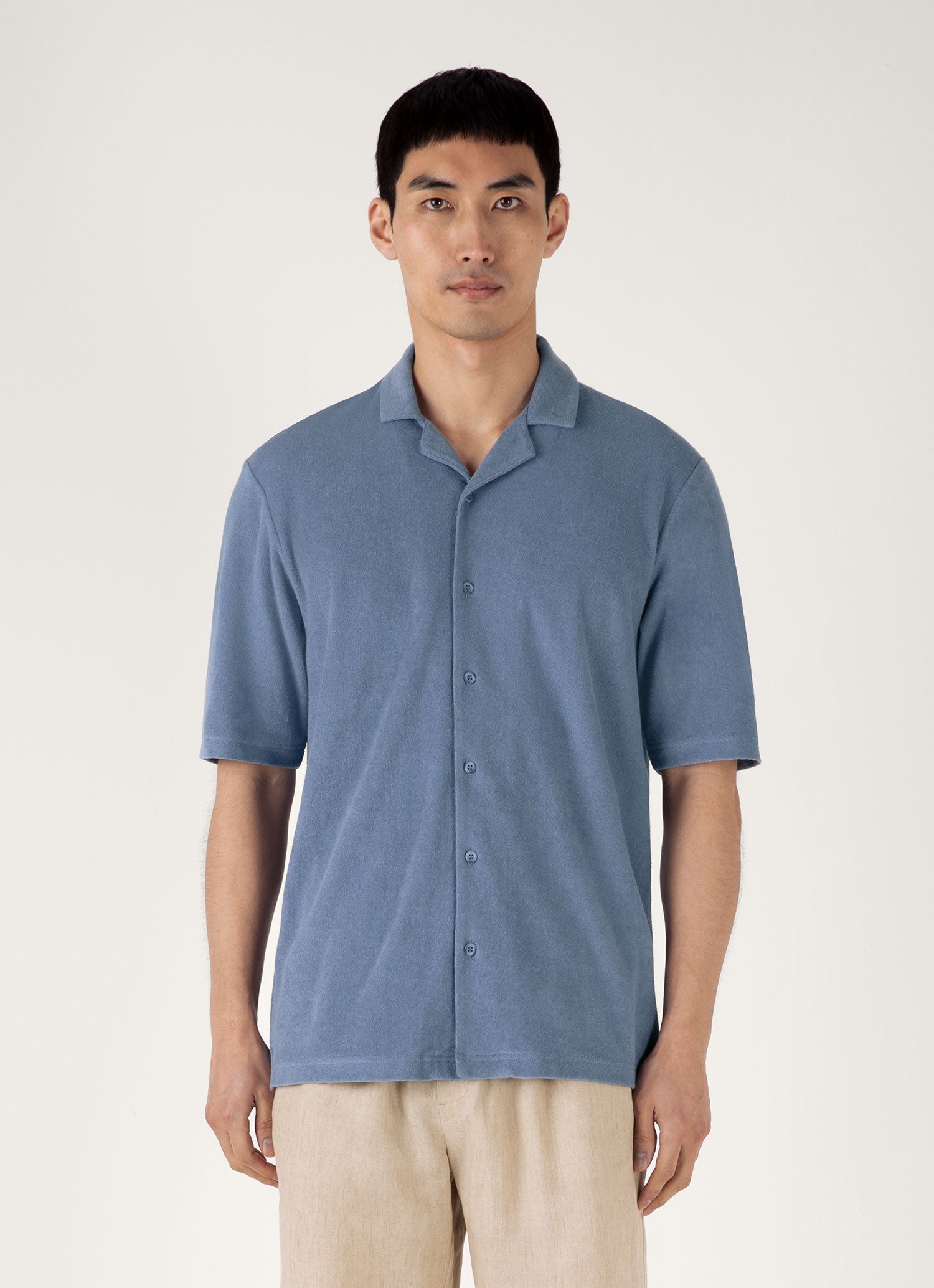 Men's Towelling Camp Collar Shirt in Vintage Blue