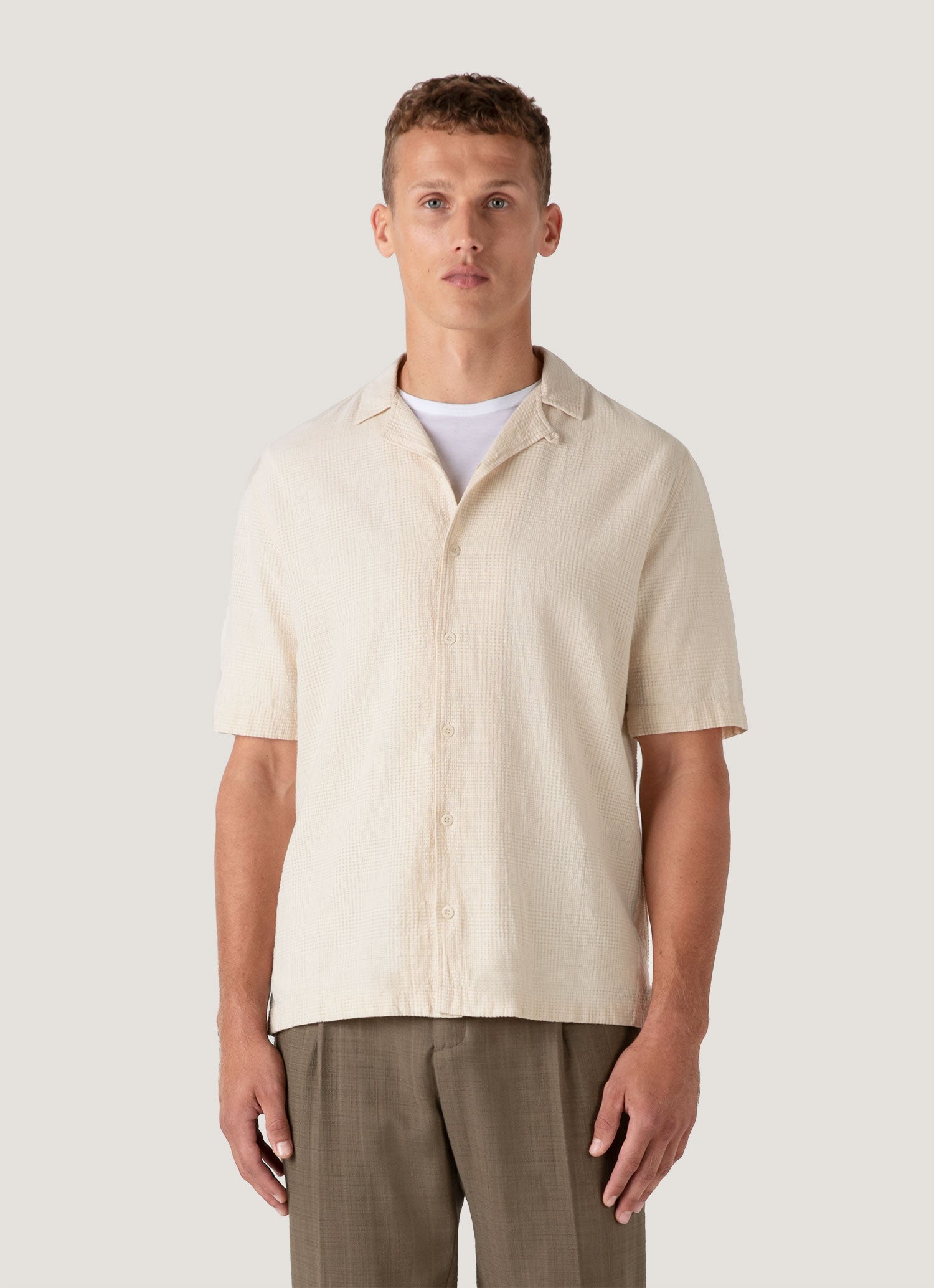 Men's Loose Weave Check Camp Collar Shirt in Ecru
