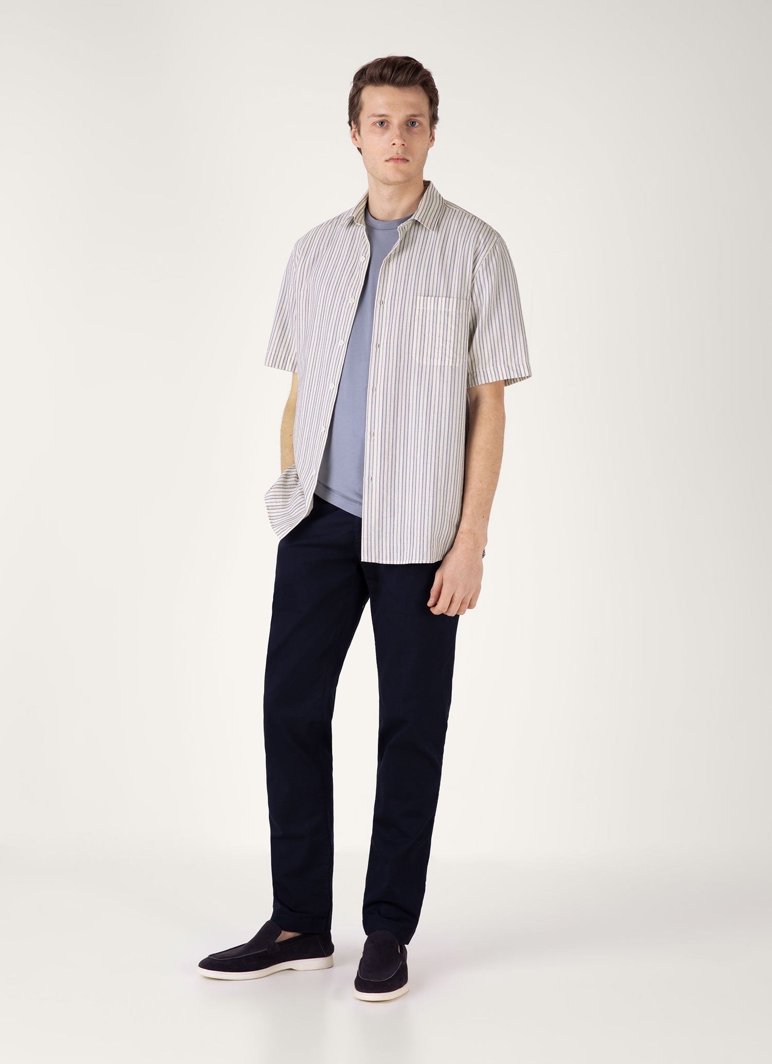 Men's Short Sleeve Vintage Stripe Shirt in Soft Denim/Ecru