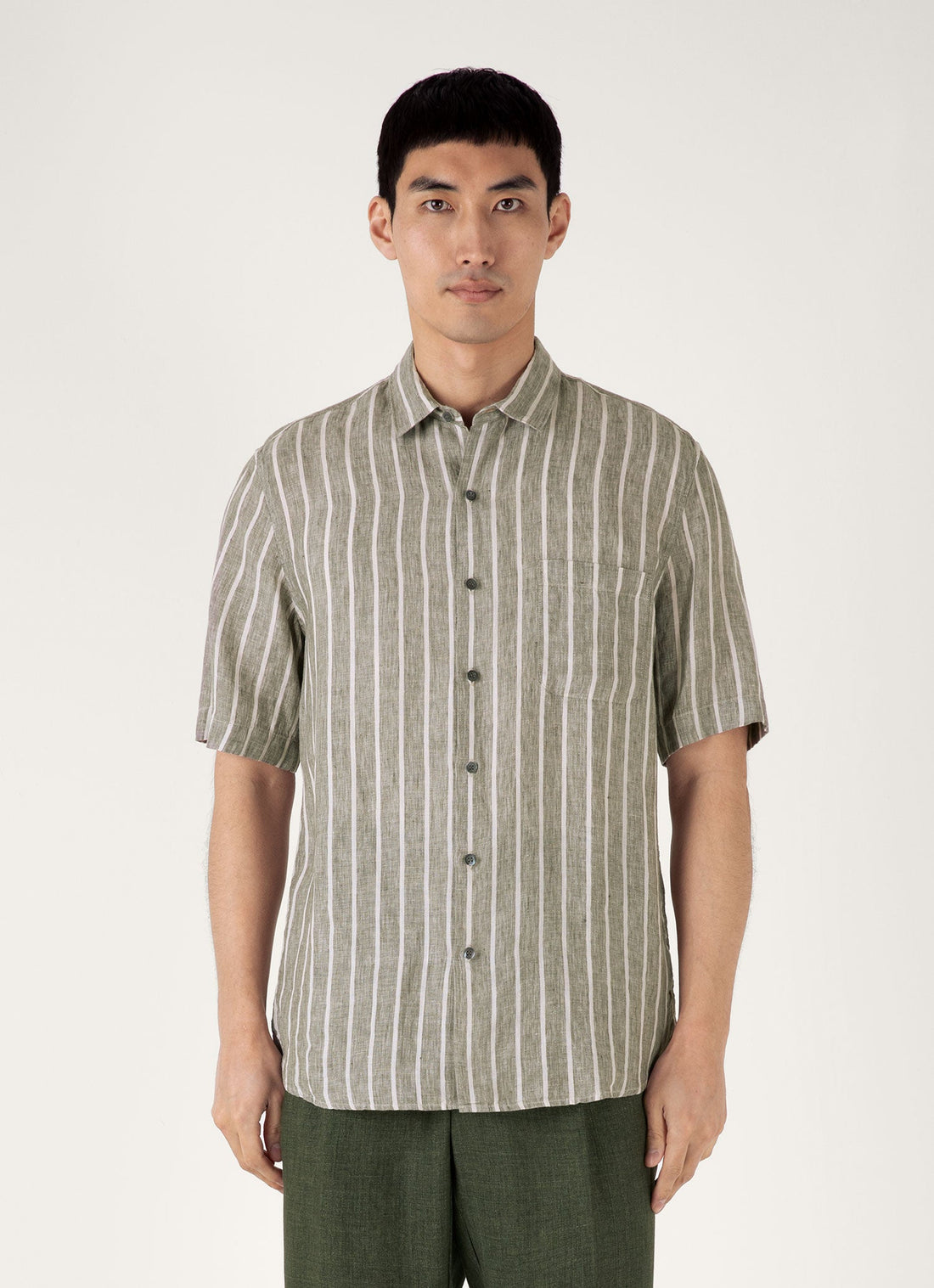 Men's Short Sleeve Linen Shirt in Dusk Green/Ecru