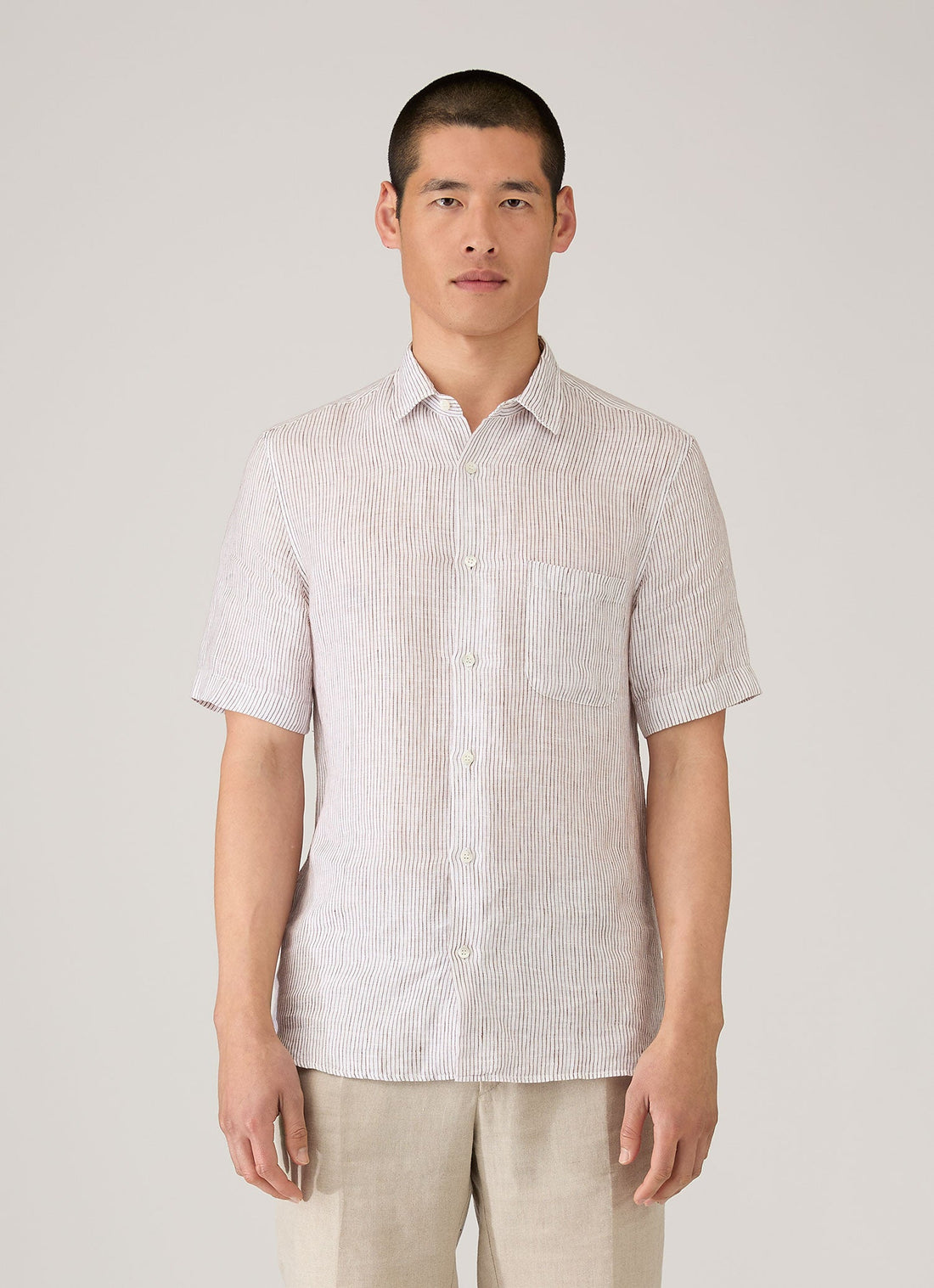 Men's Short Sleeve Linen Shirt in White/Dark Chocolate