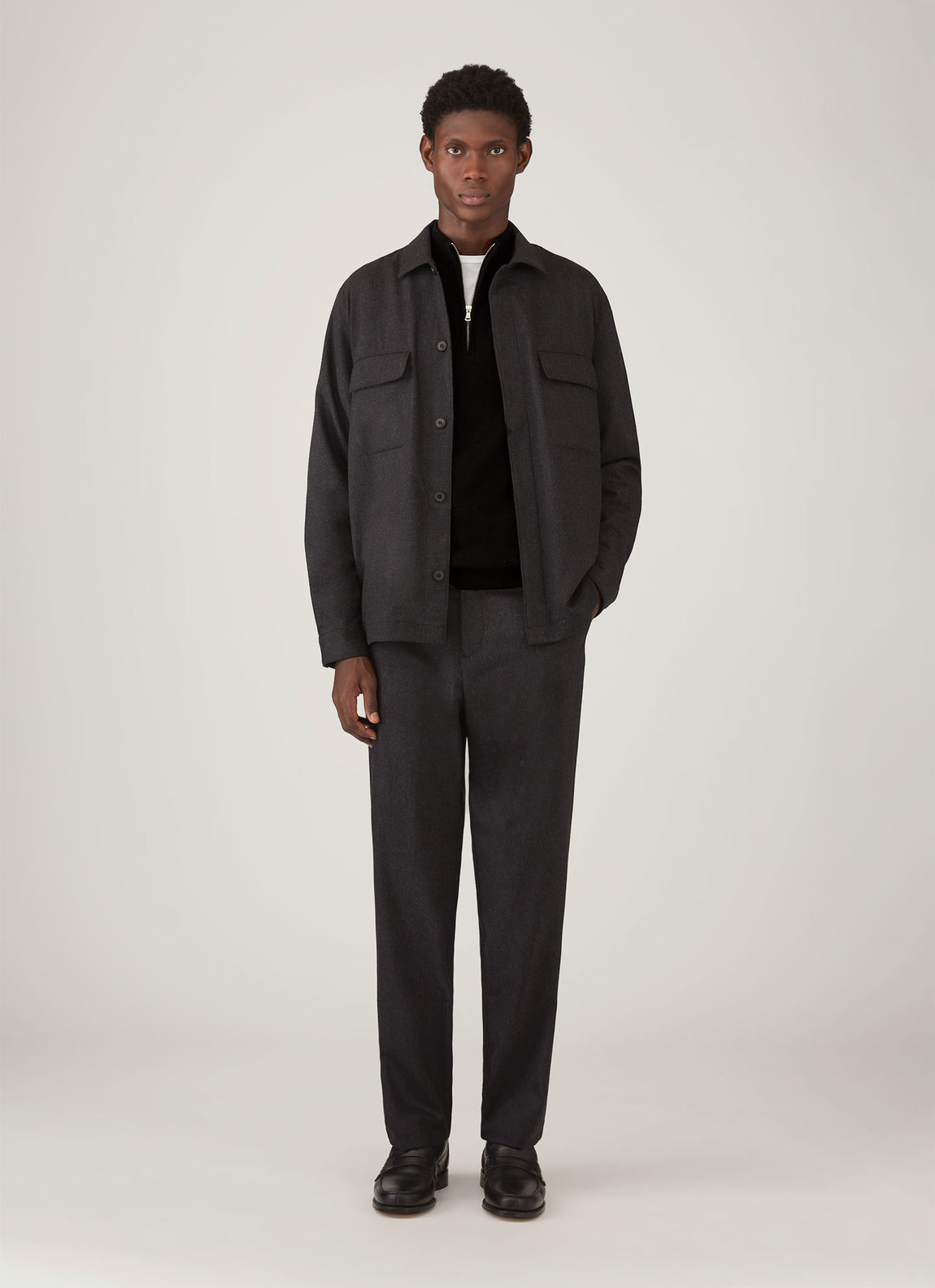 Men's Wool Cashmere Flannel Overshirt in Charcoal Melange