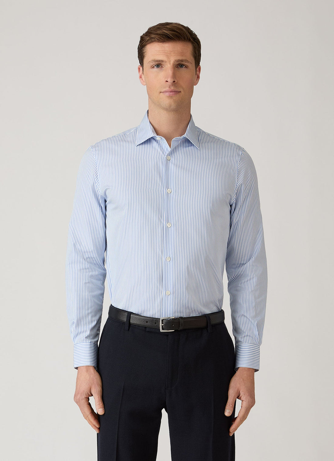 Men's Cotton Poplin Shirt in Mid Blue Bengal Stripe