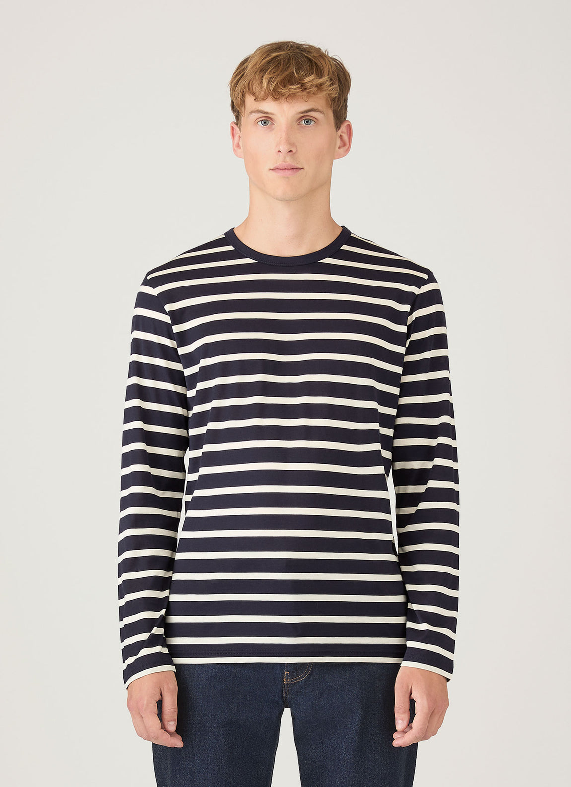 Men's Long Sleeve Classic T-shirt in Navy/Ecru Breton Stripe