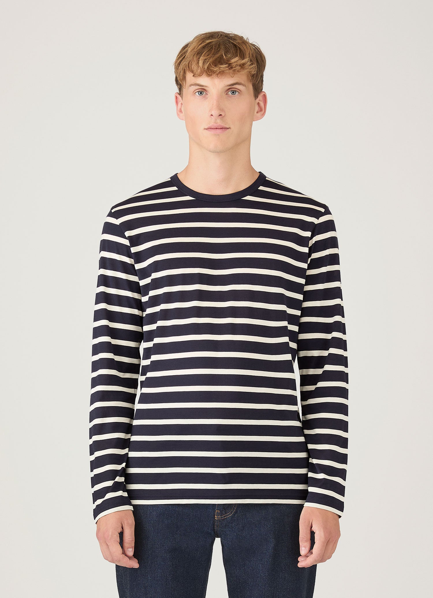 Men's Long Sleeve Classic T-shirt in Navy/Ecru Breton Stripe