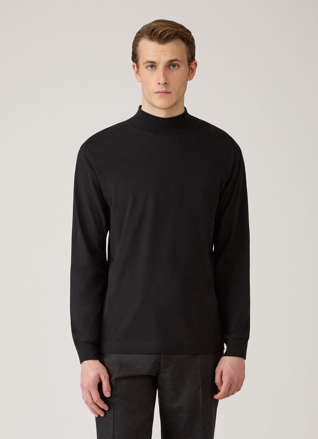 Men's Long Sleeve Brushed Cotton Mock Neck T-shirt in Black