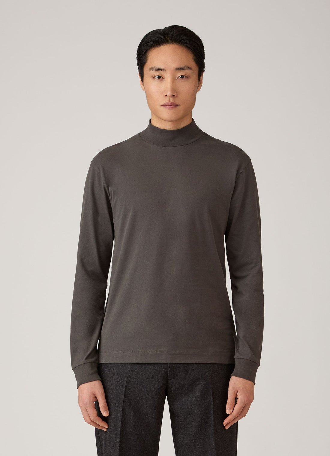 Men's Long Sleeve Brushed Cotton Mock Neck T-shirt in Anthracite