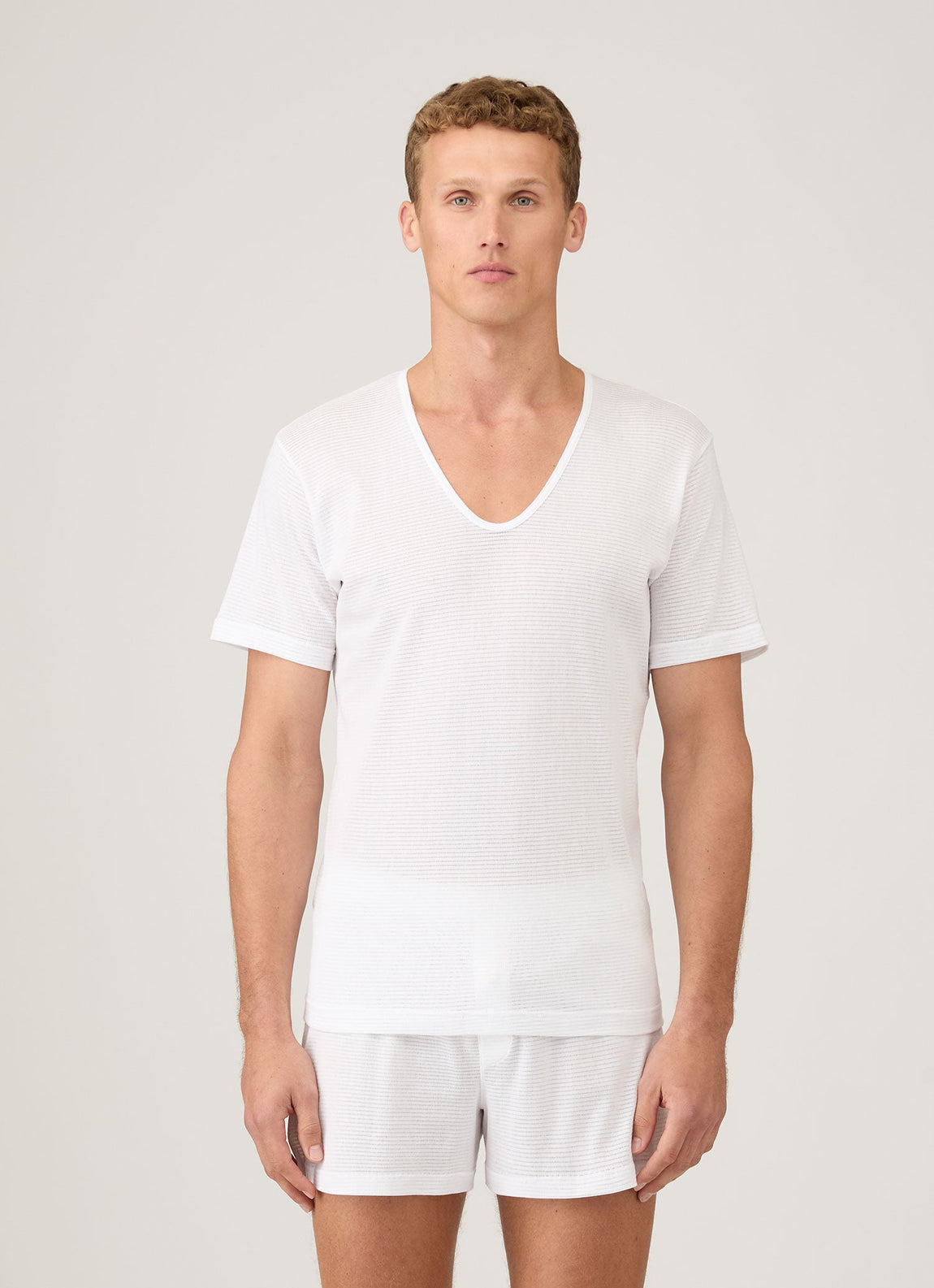 Men's Cellular Cotton V-neck Underwear T-shirt in White