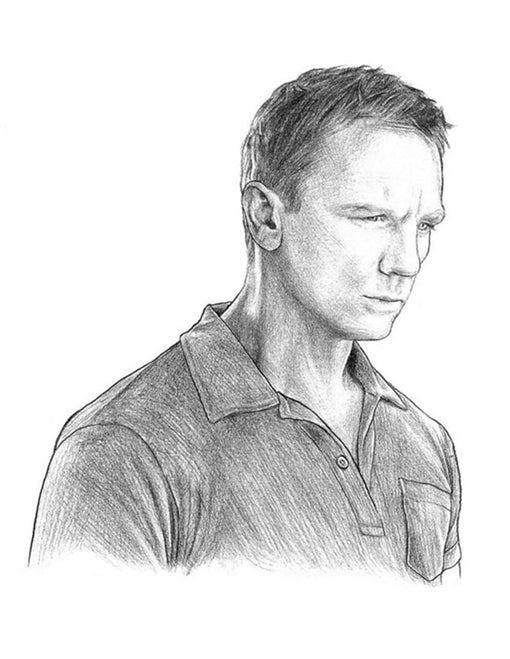 Pencil sketch of Daniel Craig as James Bond wearing the iconic Sunspel Riviera Polo Shirt