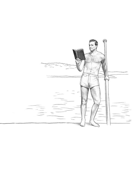 Pencil sketch of James Bond wearing the iconic tailored swim short recreated by Sunspel