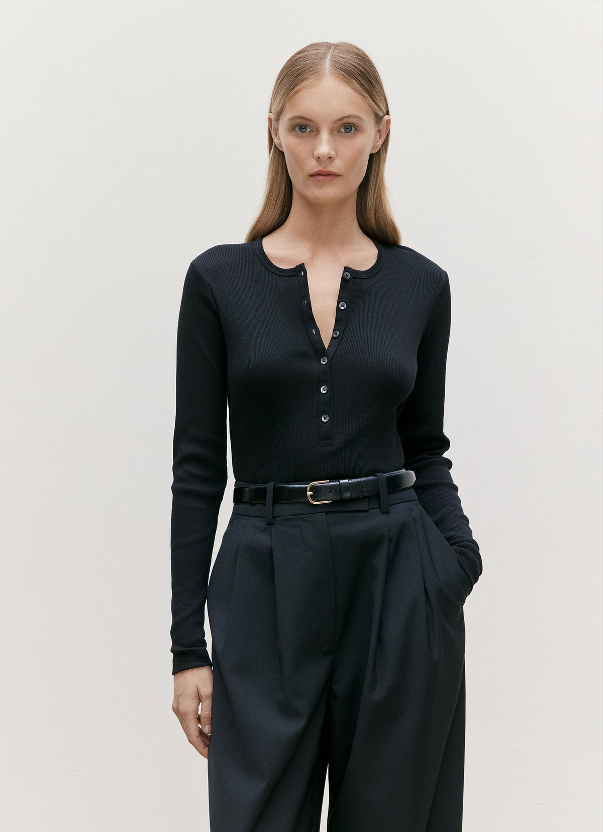 Women's Ribbed Henley in Black