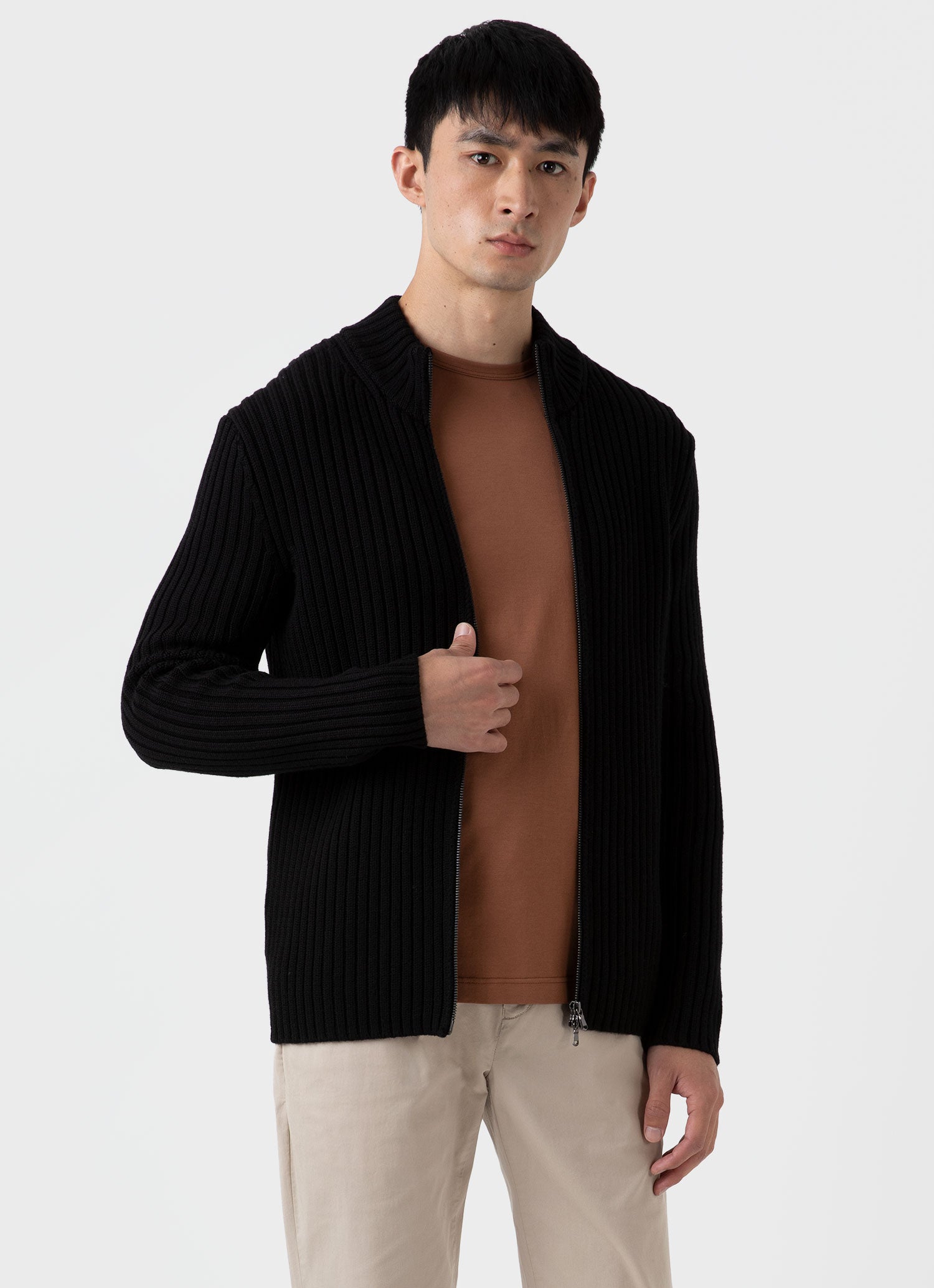 Men's Merino Rib Zip Cardigan in Black