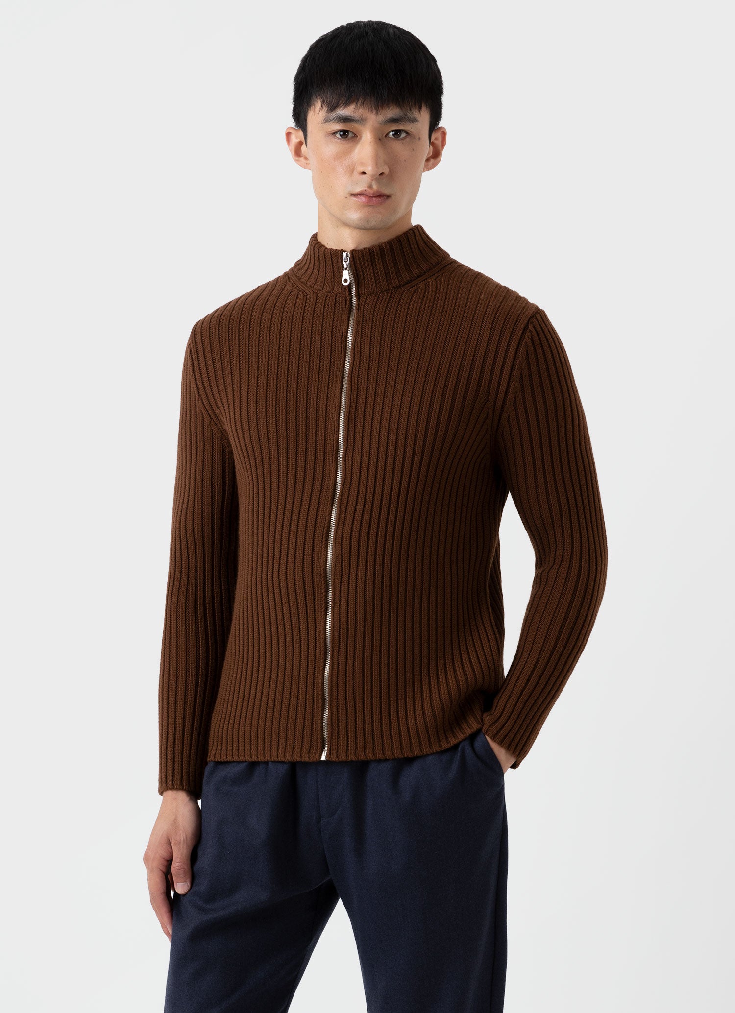 Men's Merino Rib Zip Cardigan in Pecan